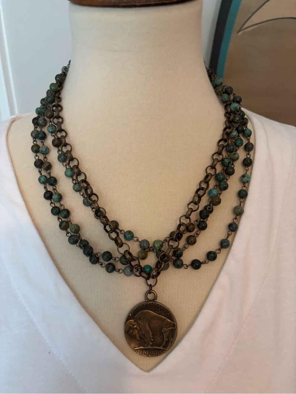 Layering necklace with African turquoise and reversible Indian head coin - Picture 2 of 6